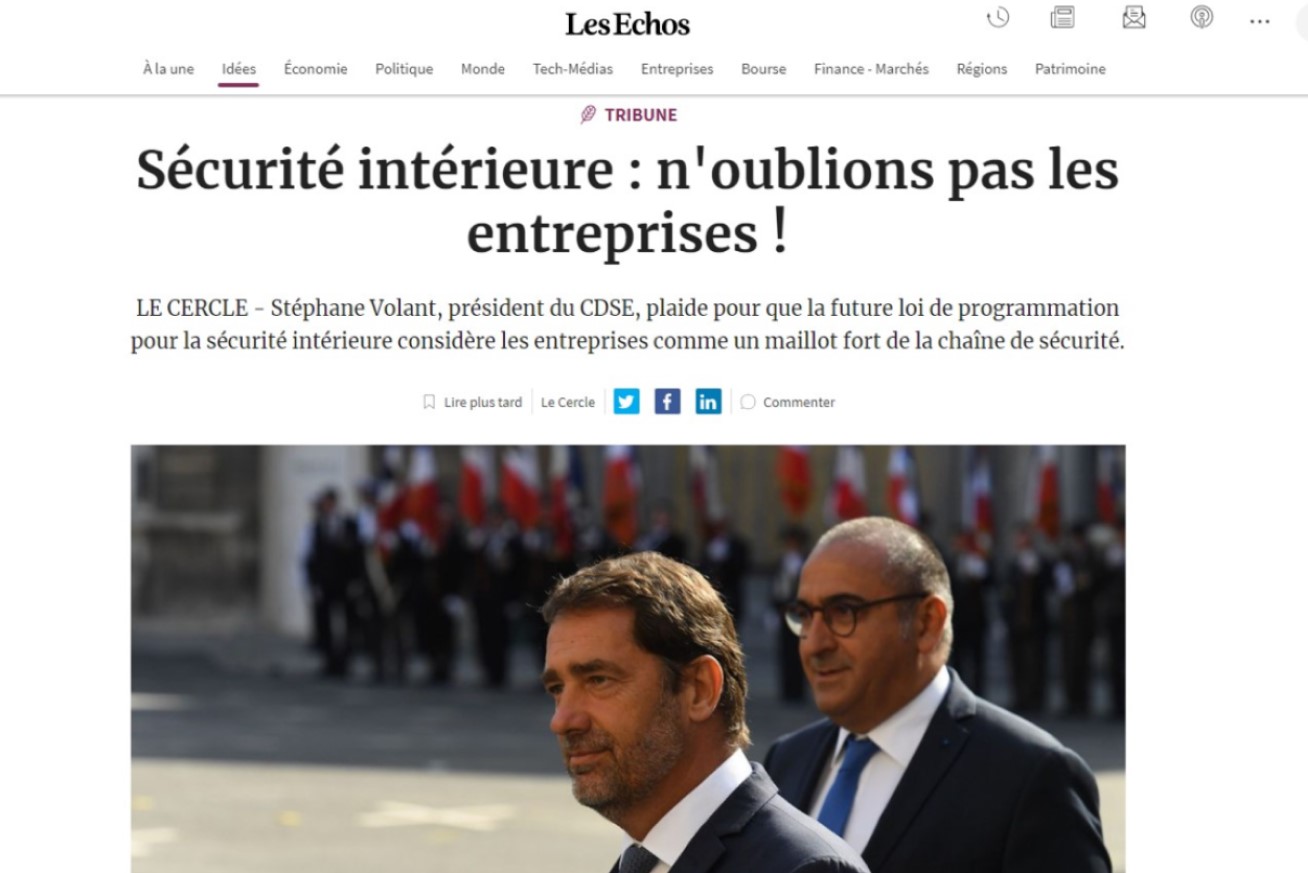 Livre blanc pour la sécurité intérieure : « N’oubliez pas les entreprises ! » (Tribune du CDSE dans Les Echos)