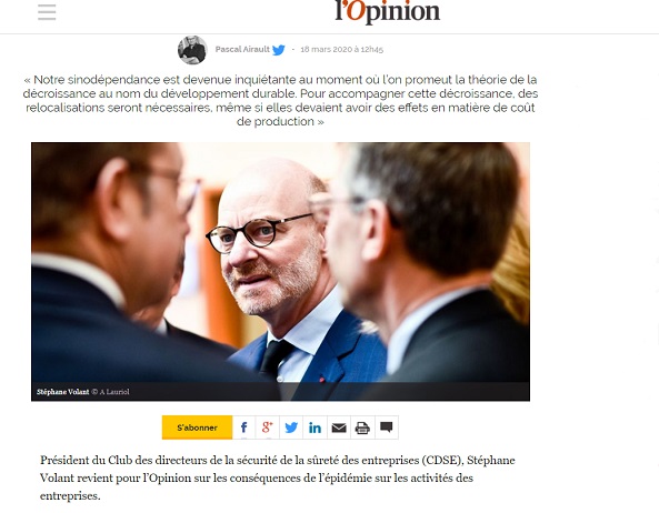 Impact du Coronavirus et du confinement sur les entreprises : interview de Stéphane Volant dans L’Opinion
