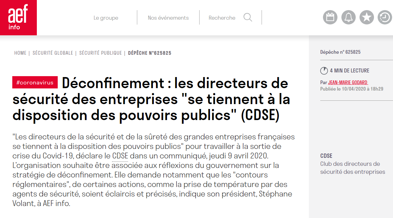 [Dépêche AEF Info] Déconfinement : les directeurs de sécurité des entreprises « se tiennent à la disposition des pouvoirs publics » (CDSE)
