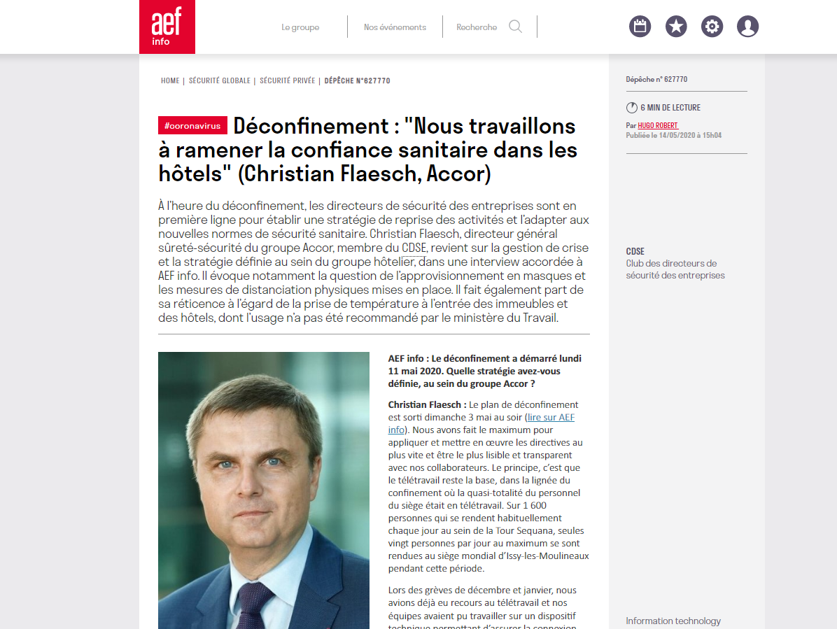 Interview de Christian Flaesch (Accor) à AEF Info :  « Nous travaillons à ramener la confiance sanitaire dans les hôtels »