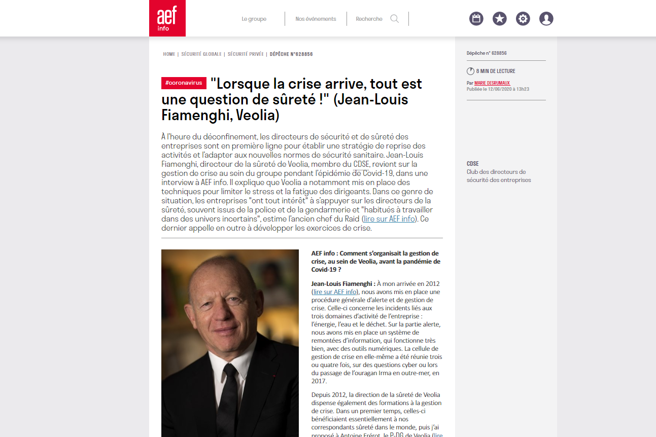 Jean-Louis Fiamenghi (Veolia) à AEF Info : « Lorsque la crise arrive, tout est une question de sûreté ! »