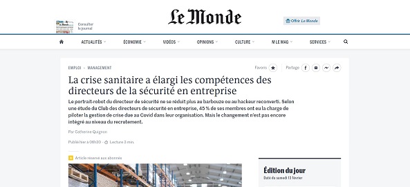 La presse en parle  : L’étude du CDSE sur les métiers de la filière sécurité-sûreté dans Le Monde et AEF Info